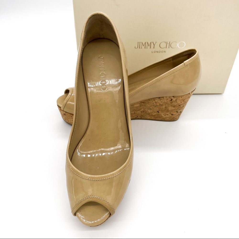 Jimmy Choo Purdey Patent Leather Nude Cork Wedge Size 37